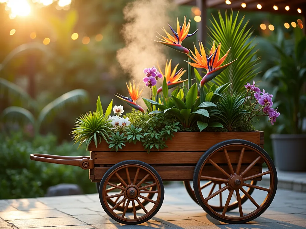 Luxurious Mobile Tropical Cart Garden - A stunning close-up shot of an elegantly designed wooden garden cart at golden hour, transformed into a lush tropical paradise. The cart features multiple tiers showcasing vibrant exotic plants including dramatic bird of paradise, cascading orchids in deep purples and whites, and elegant miniature palm varieties. A subtle mist from a decorative copper humidifier creates an atmospheric haze around the plants. The cart sits on a modern stone patio, with tropical foliage creating natural shadows across the scene. Ambient lighting from copper string lights adds a warm glow, highlighting the rich textures of the plants and the handcrafted details of the cart. The carefully arranged composition includes proper drainage systems stylishly integrated into the design, with copper trays catching excess water. The background shows a blurred contemporary garden setting with warm sunset lighting filtering through palm fronds.