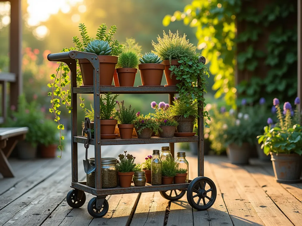 Vintage Library Cart Garden Display - A rustic metal library cart repurposed as a garden display on a weathered wooden deck, bathed in warm late afternoon sunlight. The industrial-style cart features three tilted shelves showcasing an artful arrangement of succulents, herbs, and small flowering plants in terra cotta pots. Garden tools are neatly organized in vintage mason jars on the bottom shelf. The cart's weathered metal frame has a beautiful patina, while vintage-style wheels add character. Trailing plants cascade over the edges, creating organic movement. Background shows blurred garden foliage and climbing vines on a wooden trellis. Photorealistic, detailed metalwork, soft natural lighting, shallow depth of field focusing on the cart's contents.