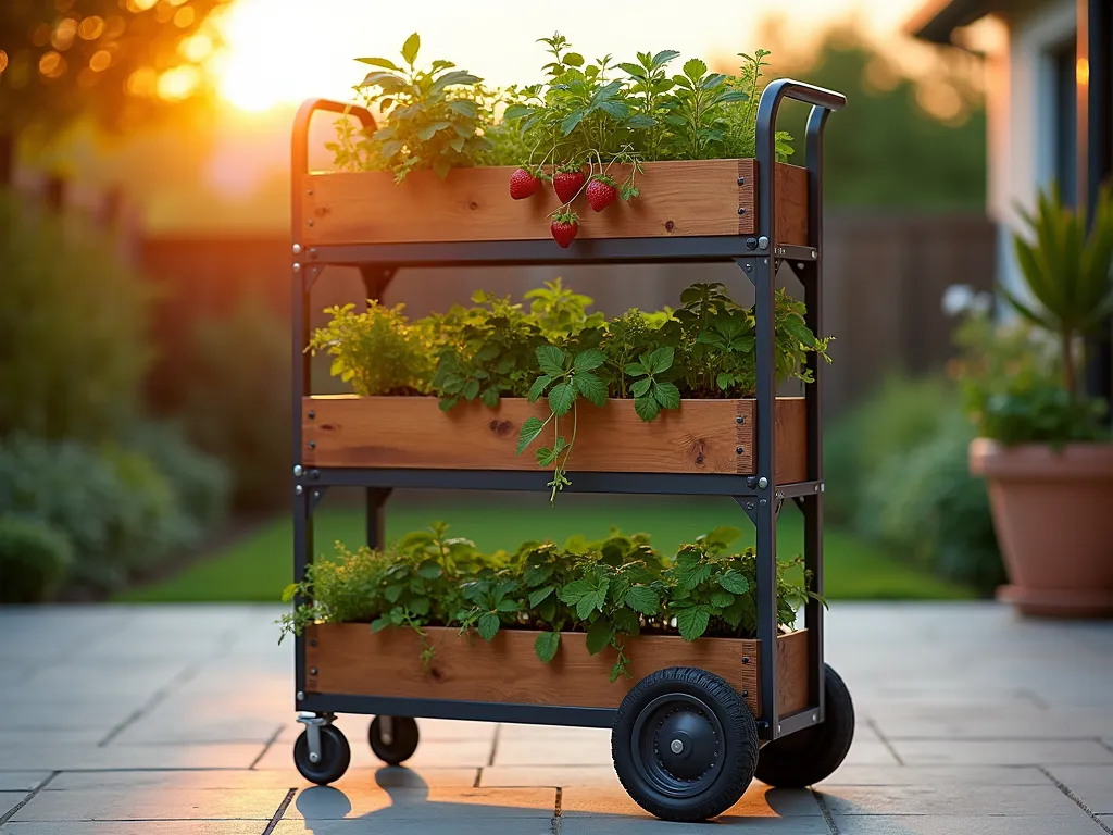 Modern Vertical Garden Cart at Sunset - A sleek, multi-tiered mobile garden cart photographed during golden hour in a contemporary backyard setting. The cart features five ascending levels of wooden planters, each tier overflowing with cascading herbs and vibrant strawberry plants. Captured at f/8 with a wide-angle lens, showing the full height of the 6-foot cart against a warm sunset sky. The industrial-style wheels and metallic frame complement the natural wood planters. Small vegetable plants occupy the lower tiers, while compact herbs adorn the upper levels. Soft natural lighting highlights the varying textures of the plants and the architectural design of the cart. A blurred modern patio creates depth in the background.