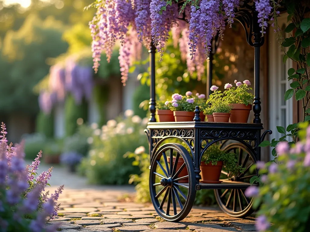 Victorian Garden Cart at Dawn - A beautifully ornate Victorian-style garden cart photographed at dawn in a lush cottage garden setting. The cart features intricate black metalwork with scrolling patterns and brass accents, positioned on a cobblestone path surrounded by blooming English roses and lavender. Morning dew glistens on the cart's detailed framework while soft golden sunlight filters through climbing wisteria overhead. The cart's wooden shelves display a curated collection of vintage terracotta pots, antique gardening tools, and cascading purple clematis. Shot from a low angle with a shallow depth of field to emphasize the cart's elegant curves and Victorian craftsmanship against a dreamy, bokeh-rich garden background. Photographed with natural morning light, 16mm, f/2.8, ISO 400.