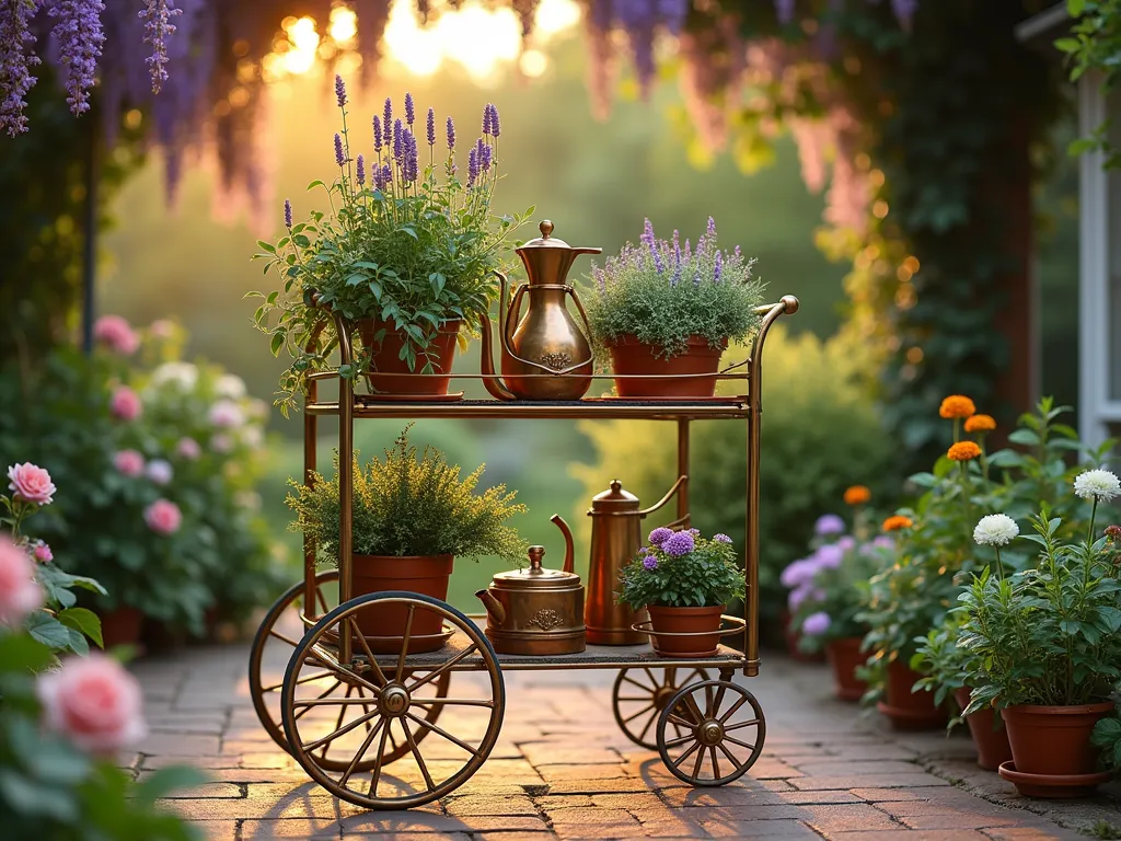 Vintage Tea Cart Garden Display - A sophisticated antique brass Victorian-era tea cart transformed into a mobile garden, photographed during golden hour in a cozy cottage garden setting. The three-tiered cart features delicate potted lavender, trailing English ivy, and fresh herbs arranged artistically on each level. Ornate metalwork details catch the warm evening light, while vintage copper watering cans and gardening tools add authentic charm. The cart is positioned on a weathered brick patio, surrounded by blooming roses and hydrangeas, with dappled sunlight filtering through overhead pergola covered in climbing wisteria. A close-up perspective highlights the patinated brass finish and intricate wheel design, while small terra cotta pots contain flourishing mint, thyme, and rosemary. Soft bokeh effect in background creates a dreamy garden atmosphere.