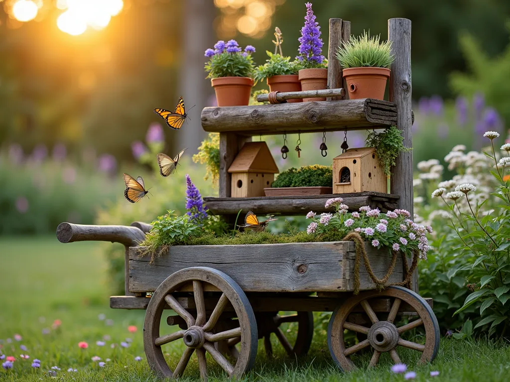 Wildlife Haven Garden Cart - A rustic wooden garden cart at sunrise, photographed from a medium angle, nestled in a cottage garden setting. The cart features multiple tiers with built-in mason bee houses, decorative bird feeders hanging from copper hooks, and flowering native plants in vintage terracotta pots. Butterflies hover around blooming lavender and echinacea, while small birds perch on natural branch perches integrated into the cart's design. The cart's bottom shelf houses a hedgehog house surrounded by ferns. The morning light casts a golden glow on the weathered wood, highlighting intricate details of the insect hotels made from bamboo and drilled wood blocks. Natural rope accents and moss-covered elements add organic texture, while native wildflowers spill over the edges, creating a living cascade of colors. Soft bokeh effect in background showing a peaceful garden setting with mature trees.