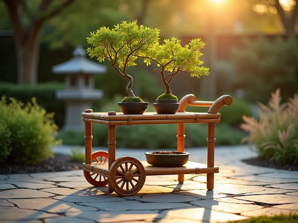 Zen Bamboo Tea Cart Garden - A serene close-up shot of an elegant bamboo tea trolley on a stone patio during golden hour. The two-tiered cart features carefully arranged bonsai trees and lucky bamboo in ceramic vessels. Soft evening light filters through the bamboo leaves, creating delicate shadows on the natural stone pavement. The cart is positioned against a backdrop of Japanese maples and ornamental grasses, with a small stone lantern visible in the background. The composition emphasizes the natural textures and warm tones of the bamboo cart, while capturing the peaceful, zen-like atmosphere of the space. Shot with shallow depth of field to create a dreamy, atmospheric quality.