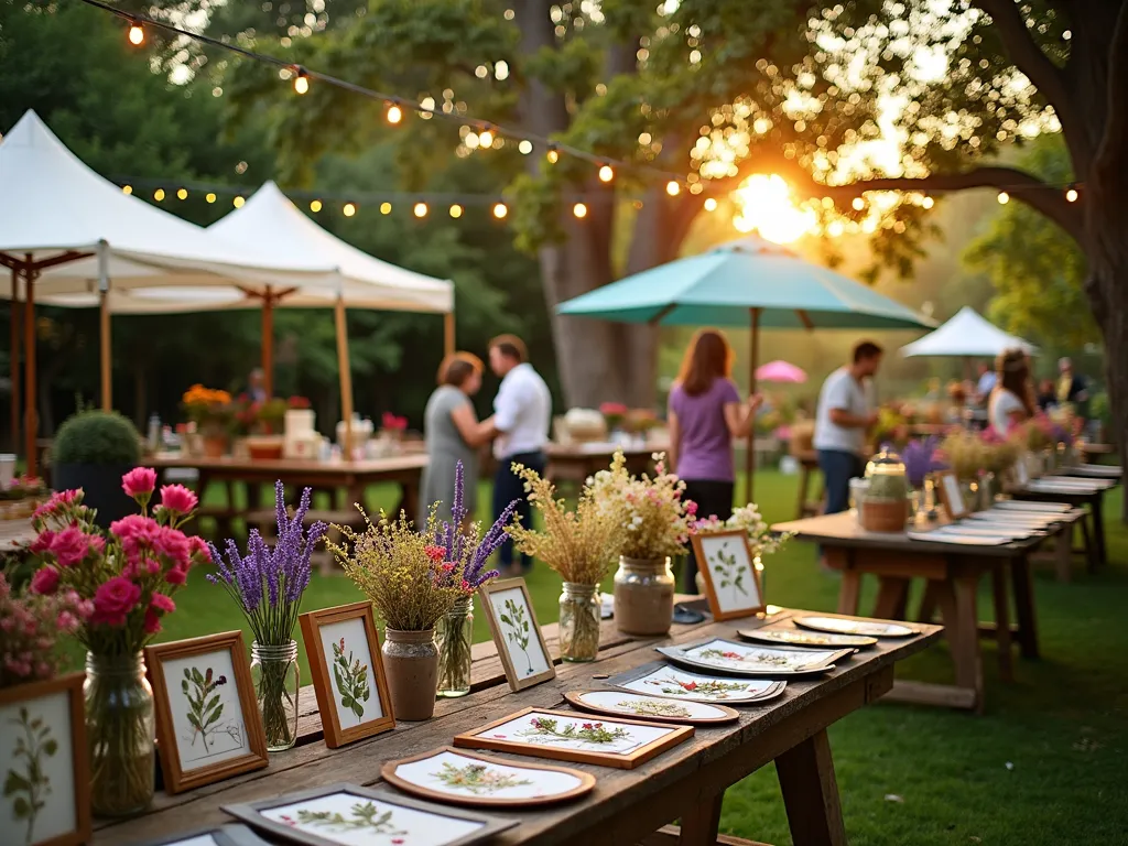 Enchanting Garden Craft Fair at Sunset - A captivating wide-angle shot of a charming backyard garden craft fair at golden hour, with string lights hanging between mature oak trees. Multiple rustic wooden tables display handmade botanical crafts, including pressed flower art in vintage frames and handcrafted herbal soaps. In the foreground, a DIY craft station features people creating pressed flower bookmarks under a white canvas tent. Soft evening light filters through mason jars filled with dried lavender and wildflowers. The background shows a beautiful cottage garden with blooming roses and foxgloves, while market umbrellas provide shade over artisan stalls. Shot with atmospheric depth, capturing the warm community atmosphere and artistic detail of handmade botanical crafts. Professional DSLR photography with perfect exposure highlighting the natural beauty and craftsmanship.