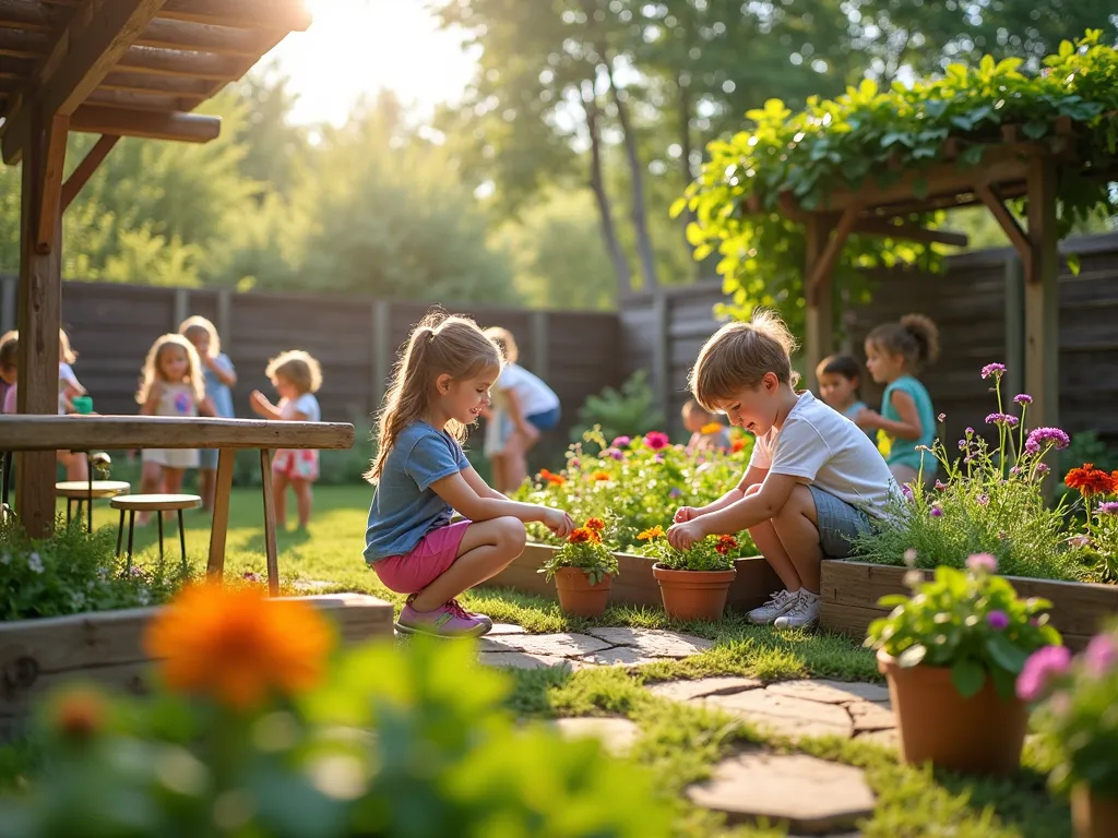 Children's Garden Adventure Day - A vibrant, sunlit garden scene with smiling children participating in various garden activities. In the foreground, a young girl plants seedlings in a raised garden bed while a boy examines butterflies in a dedicated butterfly garden filled with colorful zinnias and lantana. To the left, children gather around a sensory garden with lavender, lamb's ear, and mint plants. The right side features educational stations with handmade signs and displays about vegetable growing. Garden starter kits and illustrated activity books are arranged on a rustic wooden table beneath a pergola covered in climbing jasmine. The background shows a well-maintained backyard with stepping stones, bird feeders, and whimsical garden decorations. Soft afternoon sunlight filters through trees, creating a magical atmosphere. Photorealistic, wide-angle view, rich colors, depth of field.