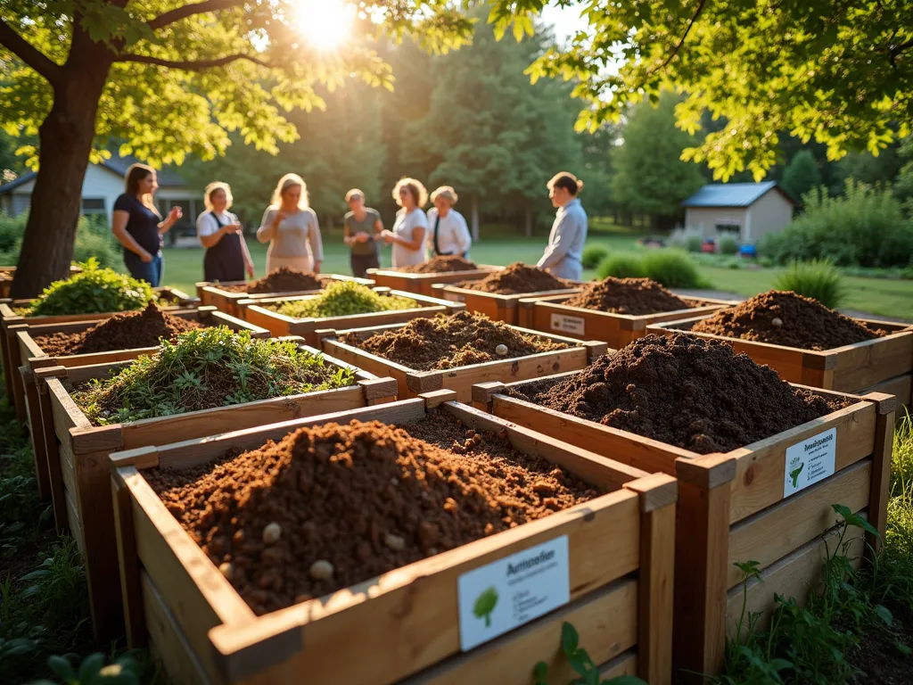 Community Composting Workshop in Action - A golden hour photograph of a well-organized backyard composting station, featuring multiple wooden composting bins with educational signage. In the foreground, a garden club member demonstrates proper layering techniques with fresh garden waste and brown materials. Natural sunlight filters through nearby trees, casting warm shadows across the scene. Several finished compost piles show rich, dark soil texture in close-up detail. Modern tools and equipment are neatly arranged nearby, while workshop participants gather around taking notes. The background reveals a thriving vegetable garden benefiting from the compost program. Shot with a wide-angle lens to capture the entire operation, with selective focus on the demonstrator's hands mixing materials. Professional lighting highlights the various stages of decomposition in different bins.