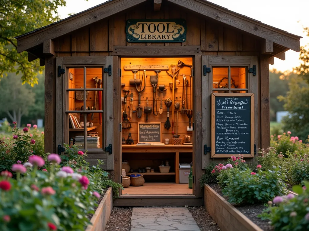 Community Garden Tool Library - A beautifully organized rustic wooden shed with glass windows, photographed during golden hour, showcasing an impressive collection of well-maintained garden tools hanging on wooden pegboards. The warm sunlight streams through the windows, highlighting various premium tools including pruning shears, specialty rakes, garden forks, and rare cultivation equipment. A wooden workbench displays gardening reference books and maintenance guides. The entrance features a charming chalkboard with rental information and a vintage-style 'Tool Library' sign. The shed is surrounded by a thriving demonstration garden with raised beds, climbing roses, and flowering perennials, emphasizing the practical application of the tools. Shot with shallow depth of field focusing on the tool organization system, with soft bokeh effect on the garden background. DSLR, f/8, ISO 100, 1/125s.