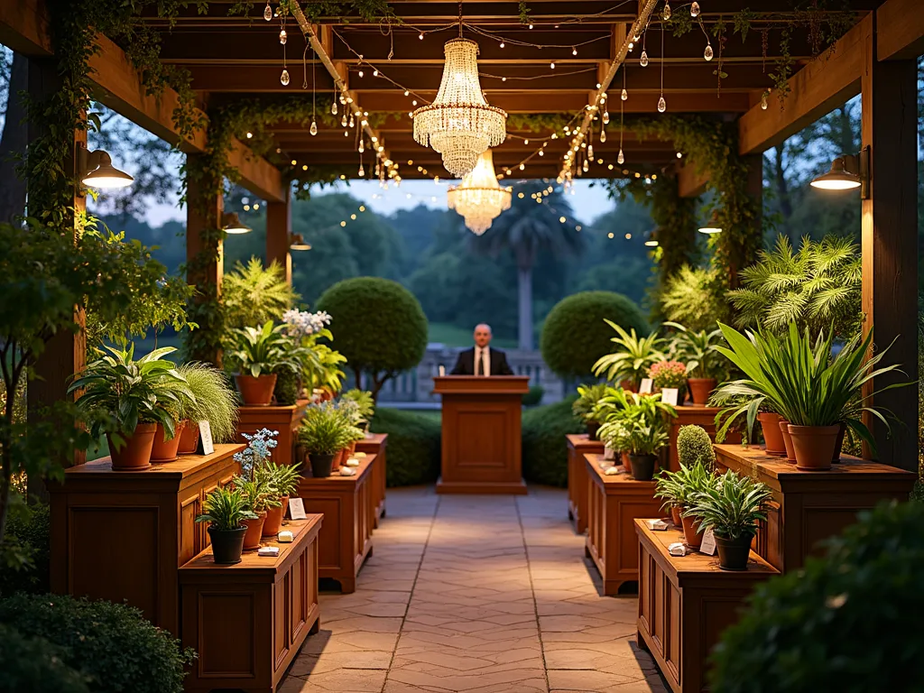 Elegant Garden Auction Setup at Dusk - A sophisticated garden auction display at dusk, photographed with a wide-angle lens capturing multiple elegantly arranged rare plants on tiered wooden display stands. Soft landscape lighting illuminates exotic specimens like Venus Flytraps, blue orchids, and variegated monstera. Crystal chandeliers hang from pergola beams, creating a magical atmosphere. Detailed plant information cards rest beside each specimen. Professional auctioneer's podium centered, with curved rows of vintage garden chairs. Fairy lights weave through potted Japanese maples creating a warm, inviting ambiance. Shot at f/2.8 with gentle bokeh effect highlighting specimen plants in foreground.