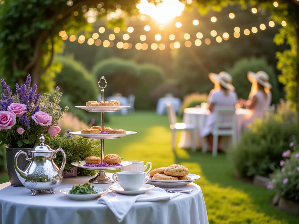 Elegant Garden Tea Party Setting - A late afternoon garden scene with golden sunlight filtering through flowering arbors. A beautifully set vintage tea table with delicate china and three-tiered serving stands adorned with lavender scones and rose petal cookies. Surrounding the table are blooming English roses, lavender bushes, and herb gardens featuring mint, chamomile, and sage. String lights hang overhead between mature trees, and scattered bistro tables with white linens dot the manicured lawn. In the foreground, a decorative silver teapot sits beside fresh-cut herbs and edible flowers, while the background shows ladies in sun hats touring the garden paths. Soft bokeh effect with subtle lens flare, photographed from a slightly elevated angle to capture the entire intimate setting.