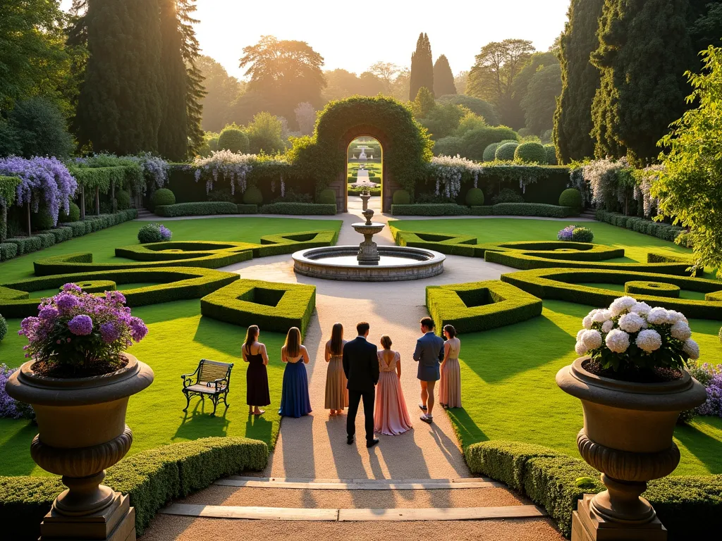 Elegant Garden Tour Experience - A stunning wide-angle view of an immaculate formal garden at golden hour, featuring perfectly manicured boxwood hedges creating geometric patterns, a central limestone fountain, and cascading English roses. Well-dressed tourists are being guided through the garden by a knowledgeable docent. In the foreground, classical stone urns overflow with purple lavender and white hydrangeas. A romantic pergola draped with wisteria frames the background, while a vintage garden bench offers a peaceful resting spot. The warm evening light casts long shadows across the meticulously maintained lawn, highlighting the garden's architectural elements and creating a magical atmosphere.