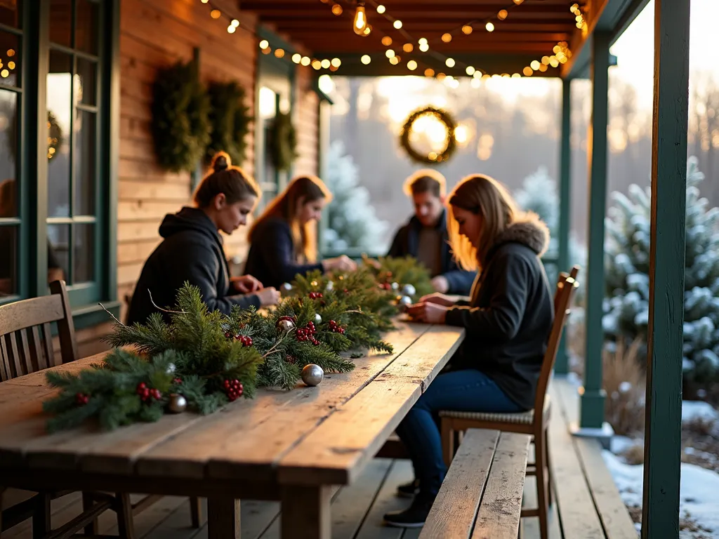 Festive Outdoor Wreath Making Workshop - A cozy covered porch setting at golden hour, featuring a rustic wooden farmhouse table adorned with fresh pine branches, holly, eucalyptus, and seasonal berries. Workshop participants are gathered around, crafting holiday wreaths using natural materials. Warm string lights overhead cast a gentle glow, while completed wreaths hang decoratively on the porch railings. In the background, a winter garden provides a serene backdrop with frost-covered evergreens. Shot with shallow depth of field focusing on hands working with wreath materials, captured with natural warm lighting mixed with ambient string lights. 16-35mm lens at f/2.8, ISO 400