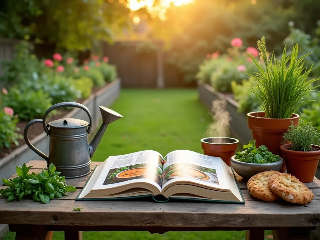 Garden-to-Table Cookbook Photography - A rustic wooden table set in a lush garden setting at golden hour, shot with a wide-angle lens. An open, professionally styled cookbook rests on the table, displaying vibrant photos of garden-fresh recipes. Fresh herbs like basil, thyme, and rosemary are artfully scattered around, with some planted in terracotta pots nearby. A vintage watering can and garden tools add character. The background shows raised garden beds full of vegetables and flowering plants. Soft natural lighting filters through tree branches, creating a warm, inviting atmosphere. The composition includes a steaming bowl of garden vegetable soup and freshly baked herb bread, complementing the cookbook's open pages. Shot at f/8 with natural lighting and shallow depth of field to highlight the cookbook while maintaining context of the garden setting.