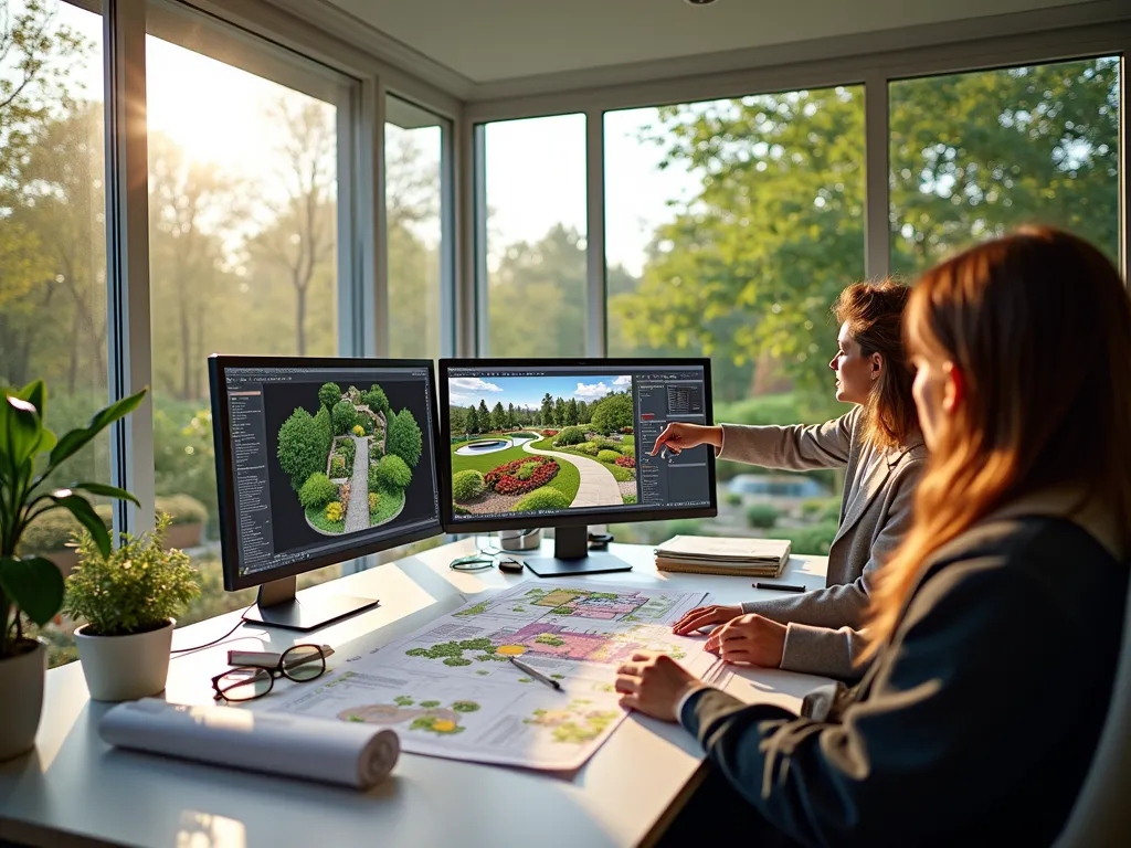 Modern Garden Design Software Workshop - A photorealistic wide-angle view of a bright, modern home office setup with large windows overlooking a beautiful garden. On multiple computer screens, professional 3D garden design software displays colorful landscape plans with detailed plant layouts. A group of enthusiastic people gather around the main screen where an expert points to various design elements. The garden visible through the windows showcases the same design being worked on in the software, featuring layered plantings, a curved stone pathway, and a tranquil water feature. Soft afternoon sunlight streams through the windows, casting warm highlights on the modern workspace. The scene includes architectural drawings, plant catalogs, and material samples spread across a large desk.