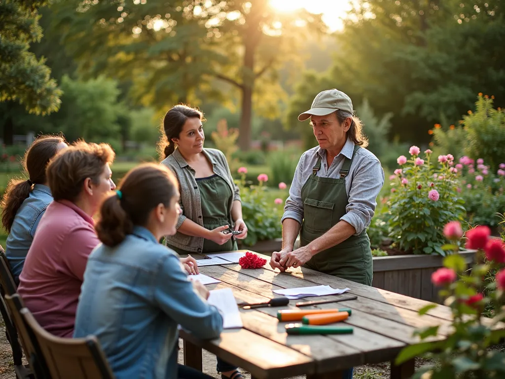 Garden Workshop Learning Experience - A warm late-afternoon garden scene showing a small group of diverse gardeners attending a hands-on pruning workshop in a well-maintained demonstration garden. The instructor, wearing gardening attire, demonstrates proper rose pruning techniques while participants gather around, some taking notes. Various pruning tools and educational materials are neatly displayed on a rustic wooden table nearby. The garden features raised beds with perfectly maintained roses, flowering perennials, and ornamental shrubs. Soft golden hour lighting filters through nearby trees, creating a welcoming atmosphere. The workshop setting includes a comfortable patio area with chairs and a demonstration table. Professional DSLR photo with crisp focus on the teaching moment, natural depth of field showing garden details in background. Shot at eye level with workshop participants.