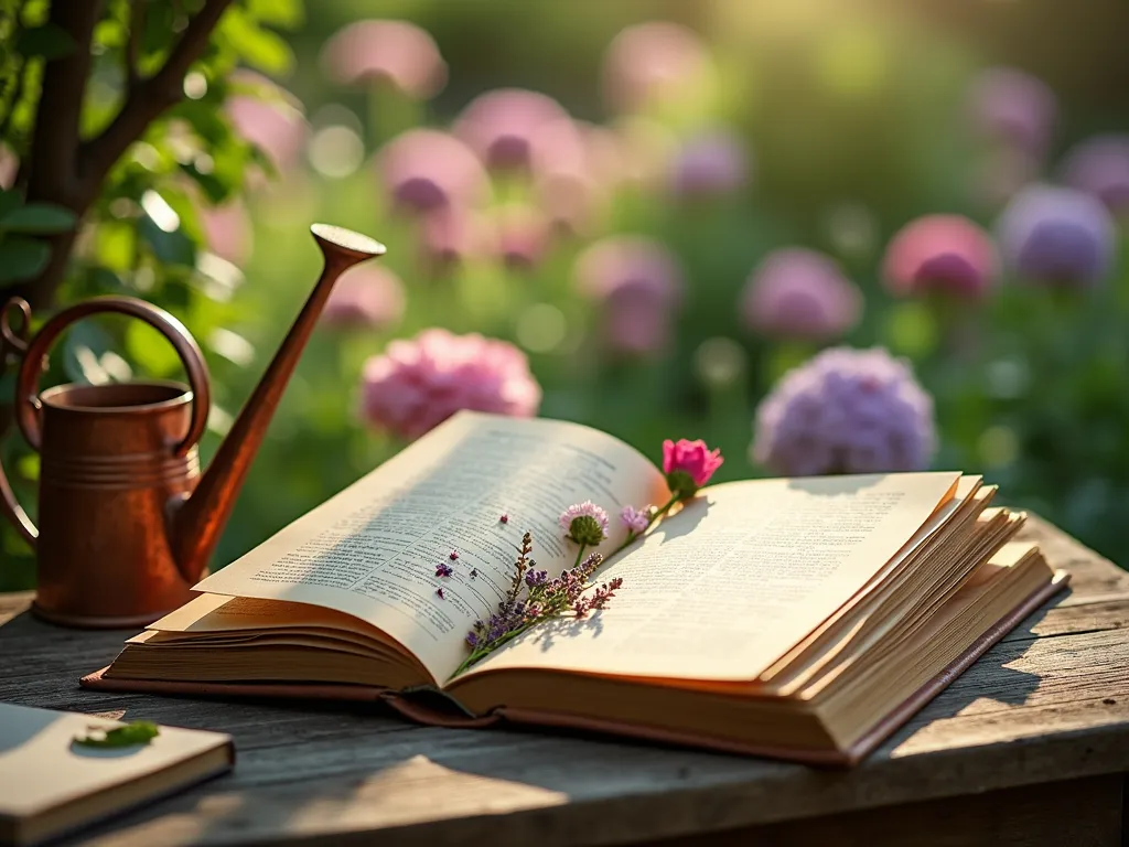 Garden Memory Book Documentation - A close-up shot of an elegant leather-bound garden memory book lying open on a rustic wooden garden table, illuminated by warm late afternoon sunlight. The book displays professional photographs of a stunning English cottage garden alongside handwritten plant lists and care instructions. Multiple pressed flowers are visible between pages, while in the background, a beautiful cottage garden with blooming roses, lavender, and hydrangeas creates a dreamy, bokeh effect. A vintage copper watering can and gardening journal with pressed leaves rest nearby, adding authenticity to the scene. Shot with shallow depth of field to create an intimate, nostalgic atmosphere, with soft natural lighting filtering through overhead tree branches.