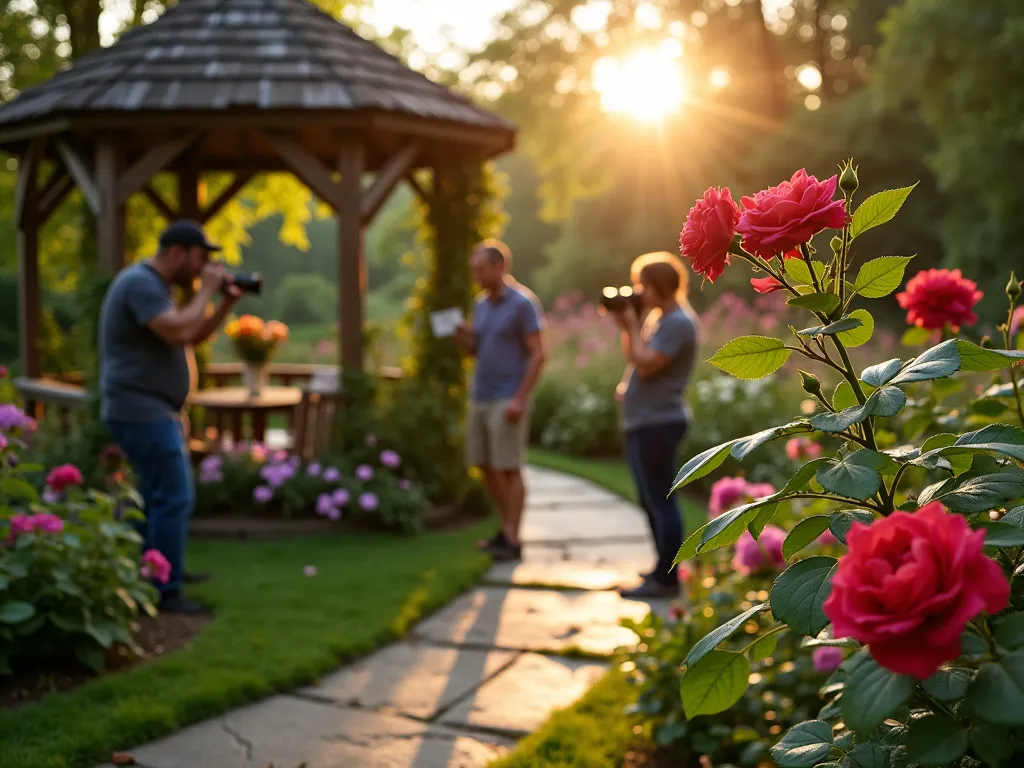 Garden Photography Workshop at Dawn - A serene backyard garden scene at golden hour dawn, where a small group of photographers with professional cameras are capturing macro shots of morning dew on roses. The garden features a beautiful stone pathway winding through beds of blooming flowers, with a vintage wooden pergola covered in climbing clematis in the background. Soft morning light filters through the pergola, creating dramatic shadows and light patterns. A professional photographer is demonstrating macro photography techniques to an engaged student, their cameras focused on a perfect unfurling rose blossom. The scene includes a mix of formal garden elements with natural wildflower patches, creating multiple photography opportunities. Shot with shallow depth of field, emphasizing the foreground detail while maintaining the atmospheric garden backdrop.