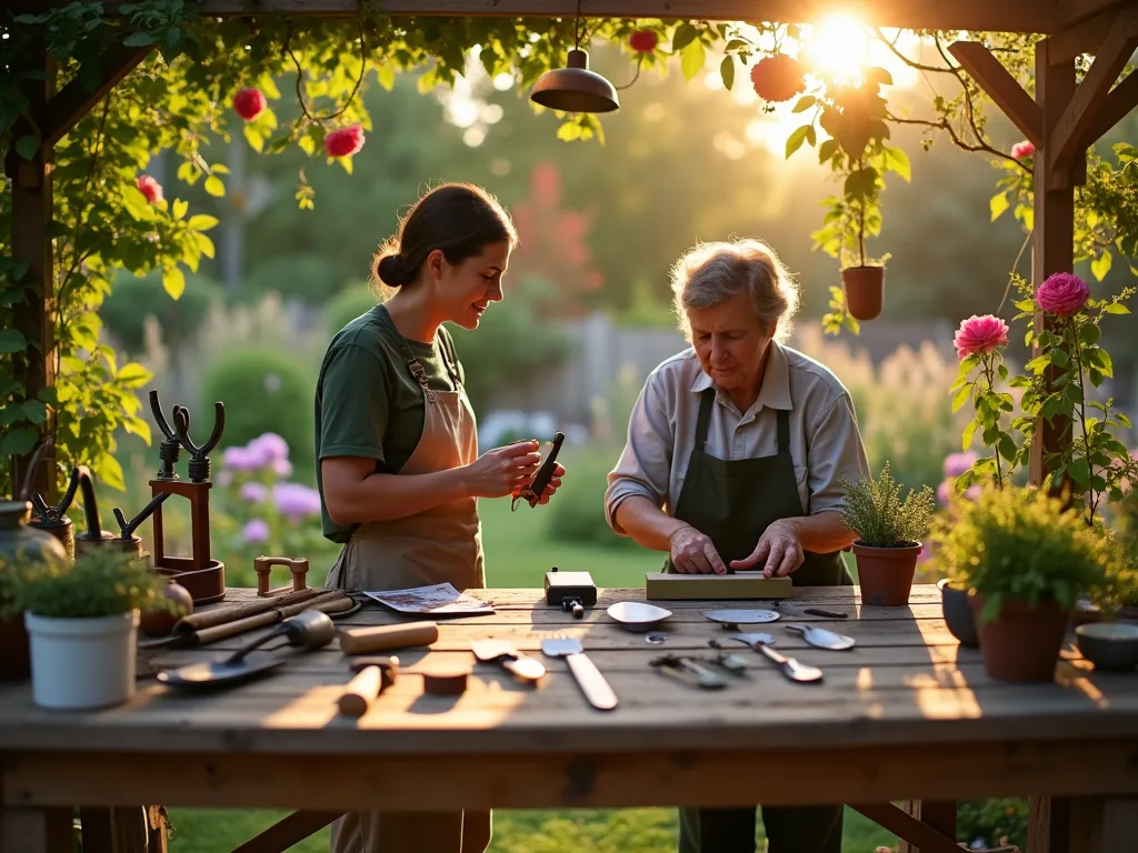 Garden Tool Sharpening Workshop at Sunset - A cozy backyard scene at golden hour, featuring a rustic wooden workbench set against a lush garden backdrop. On the bench, various garden tools are neatly arranged including pruning shears, spades, and trowels. A professional gardener demonstrates proper sharpening technique using a whetstone, with warm sunlight filtering through overhead pergola covered in climbing roses. Close-up detail shows the precision of the sharpening process, while garden club members gather around, taking notes. The workshop setup includes educational posters about tool maintenance, and vintage garden tools displayed as decoration. Shot with shallow depth of field highlighting the hands-on demonstration, soft bokeh effect on the natural garden background with hydrangeas and ornamental grasses swaying in the evening breeze.