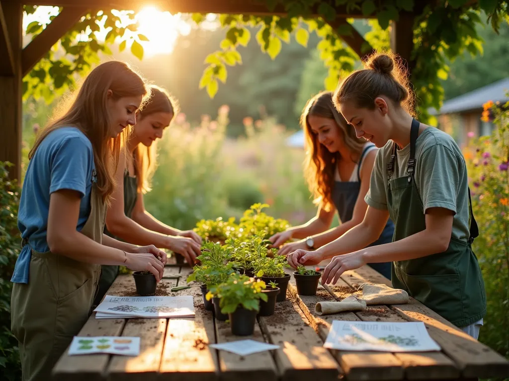 Native Plant Propagation Workshop in Garden Setting - A sunlit garden workshop scene captured in the golden hour, featuring a rustic wooden potting table beneath a pergola draped with native climbing vines. Expert gardener demonstrating plant division techniques to attentive participants gathered around the table. Close-up focus on hands working with native plant seedlings in biodegradable pots, while propagation materials and educational diagrams are artfully arranged. Natural bokeh effect through dappled sunlight, with a backdrop of established native plant gardens featuring flowering Echinacea, Butterfly Milkweed, and Black-Eyed Susans. Soft, warm lighting enhances the educational and community atmosphere. Shot with a 16-35mm lens at f/2.8, ISO 400, capturing both intimate detail and environmental context.