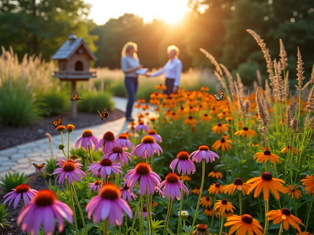 Professional Pollinator Garden Installation Service - A professional DSLR wide-angle photograph of a vibrant pollinator garden at golden hour, featuring layers of native flowering plants in full bloom. The garden includes purple coneflowers, black-eyed susans, and butterfly milkweed arranged in naturalistic drifts. Several monarch butterflies and honeybees are visible hovering over the flowers. In the background, a garden designer is showing a client a detailed garden plan while standing on a curved stone pathway. The garden is backlit by warm sunlight, creating a magical atmosphere with subtle lens flare. Native grasses provide texture and movement, while a decorative wooden butterfly house adds architectural interest. The composition shows careful attention to color harmony and plant heights, demonstrating professional design principles.