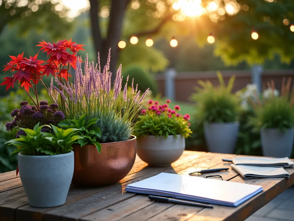 Professional Container Garden Design Service - Professional DSLR photo of an elegant residential patio setting at golden hour, featuring a consultation scene between a garden designer and homeowner. In focus, a stunning collection of coordinated container gardens showcasing a mix of colorful Japanese Maples, flowing Purple Fountain Grass, trailing Creeping Jenny, and vibrant Heuchera. The containers vary in size and material, from aged copper to modern concrete planters, arranged in an artistic composition. Soft natural lighting casts warm shadows across the beautifully styled containers, while string lights twinkle in the background. The scene includes a design portfolio and material samples on a rustic outdoor table, suggesting professional consultation. Shot with shallow depth of field highlighting the container gardens against a softly blurred garden background.