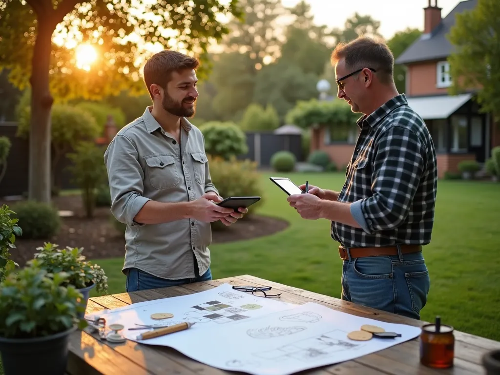 Professional Garden Consultation in Action - A professional garden consultation scene at golden hour, showing an experienced gardener in casual professional attire consulting with a homeowner in a partially developed backyard space. Shot at f/2.8 with natural sunlight casting warm shadows. The consultant is pointing to different areas while holding a tablet and sketching designs. The yard features a mix of existing mature trees and empty spaces for planning. In the foreground, design plans and plant samples are spread across a rustic outdoor table. The background shows a blend of established gardens and potential development areas, with soft bokeh effect highlighting the evening atmosphere. Captured with a wide-angle 16-35mm lens to show the extensive planning space.