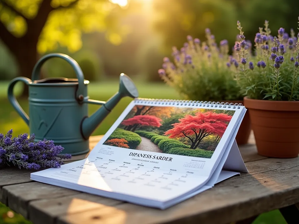 Seasonal Garden Calendar Layout - Professional photograph of an elegant garden calendar layout spread across a rustic wooden garden table. The main page showcases a stunning Japanese maple garden in autumn colors, photographed at golden hour with soft, warm lighting. The calendar features a clean, modern design with botanical illustrations in the margins. Monthly garden tips and planting schedules are visible in an artistic font. A vintage watering can and terracotta pots with blooming lavender frame the corners of the scene. Shot from a 45-degree angle with selective focus on the calendar's vibrant garden photography, creating a dreamy depth of field. Natural sunlight filters through tree branches above, casting dappled shadows across the scene.