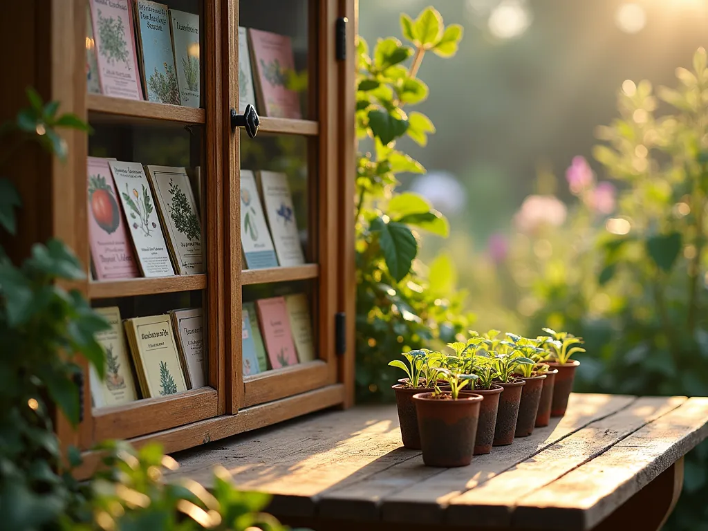 Seasonal Seed Library Collection Display - Close-up shot of an artisanal wooden seed library display cabinet in a rustic garden setting, early morning golden sunlight filtering through. The cabinet features glass-front drawers showcasing colorfully packaged seasonal seed collections, vintage botanical illustrations, and handwritten planting guides. In the foreground, a weathered wooden table displays sprouting seedlings in biodegradable pots, while the background reveals a thriving cottage garden with heirloom vegetables and flowering plants. Shot with shallow depth of field highlighting seed packets labeled with varieties like 'Cherokee Purple Tomato' and 'Blue Lake Beans'. Soft morning mist adds atmosphere, with dewdrops visible on nearby plants.