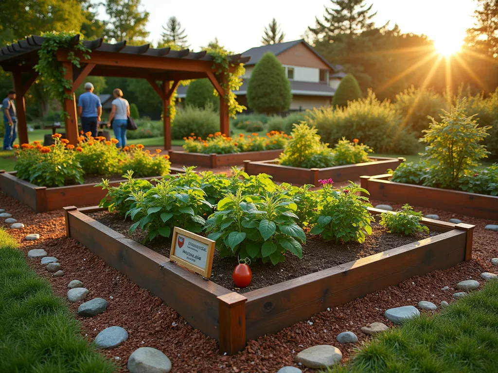 Sponsored Community Garden Plots at Sunset - A wide-angle DSLR photograph of a well-maintained community garden at golden hour, featuring multiple 8x8 raised garden plots arranged in a geometric pattern. Elegant wooden recognition plaques stand prominently at each plot's corner. The foreground plot showcases thriving tomatoes, basil, and marigolds, while neighboring plots display a variety of vegetables and flowers. A rustic wooden pergola adorned with climbing roses creates a welcoming entrance. Natural sunlight casts long shadows across the mulched pathways between plots, highlighting the professional landscaping. Decorative stone borders and copper plant markers add sophistication. Depth of field captures both detailed foreground elements and the community atmosphere in the background, where a small group of gardeners tends to their sponsored plots.