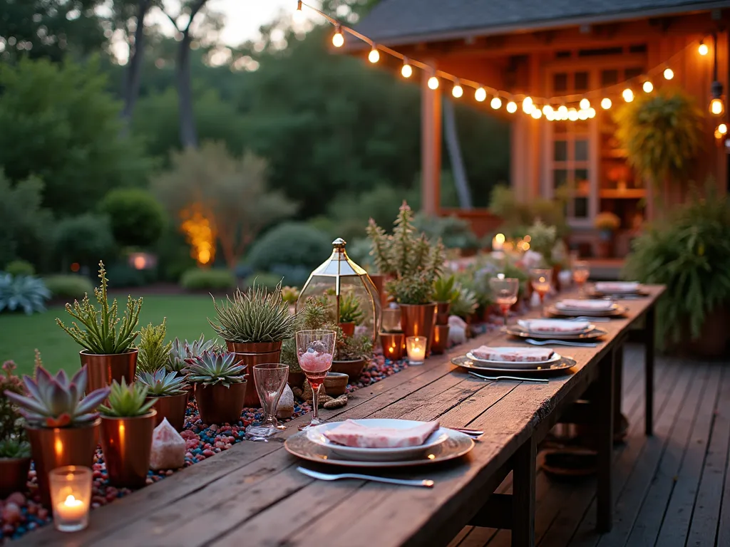 Elegant Succulent Design Workshop Station - A dreamy twilight scene on a rustic wooden deck, featuring an elegantly arranged succulent design bar workshop station. The station includes a long farmhouse-style table adorned with vintage copper planters, geometric glass terrariums, and an array of colorful succulents. Soft string lights overhead create a magical atmosphere, casting gentle shadows on various decorative elements like rose quartz crystals, driftwood pieces, and colorful pebbles. The workspace is organized with artistic flair, displaying different sizes of Echeveria, Sempervivum, and Sedum varieties in a color gradient. Stylish copper watering cans, wooden plant markers, and essential tools are artfully arranged. The background shows a lush garden with ambient landscape lighting, creating depth and warmth. The scene captures both the creative and educational aspects of the workshop with a sophisticated, botanical styling.