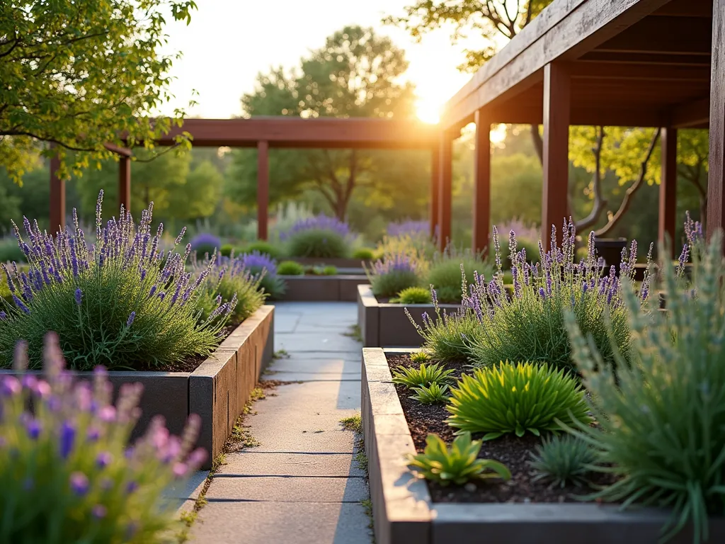 Therapeutic Sensory Garden with Raised Planters - A serene therapeutic garden at golden hour, photographed with a wide-angle lens capturing raised accessible garden beds at varying heights. The garden features wheelchair-friendly paths and ergonomic gardening tools. Colorful lavender, chamomile, and sage create a sensory experience, while a peaceful water feature provides soothing sounds. Healthcare staff guide patients in adaptive gardening techniques. Soft natural lighting filters through pergola-covered seating areas, highlighting textured plants and adaptive gardening equipment. Professional DSLR photo at f/8, ISO 100, 1/125 sec, emphasizing the healing environment and inclusive design.