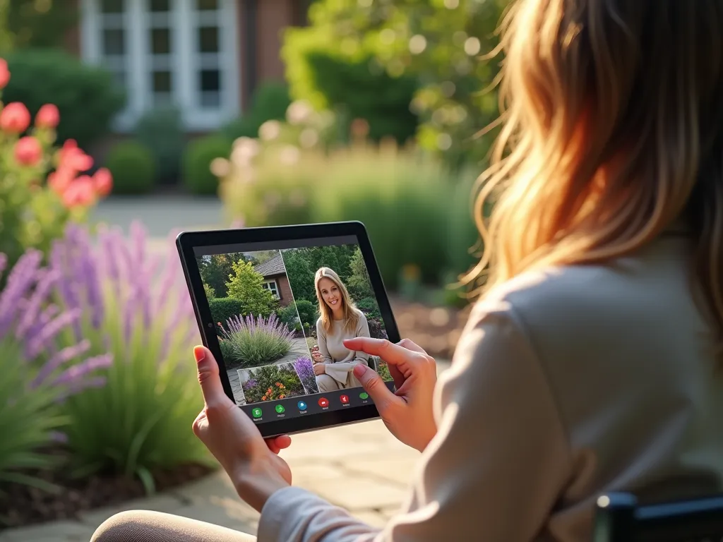 Virtual Garden Coaching Session in Action - A split-screen composition showing a professional garden coach conducting a virtual consultation on a tablet. On one side, the coach is sitting on a beautiful cottage-style patio surrounded by blooming lavender and roses, analyzing garden photos on their screen. On the other side, a homeowner is in their backyard, holding their tablet during the video call, standing next to a problematic garden bed. The lighting is warm late afternoon sunlight, creating golden highlights on the plants. The coach is pointing to specific areas on their screen while making recommendations, with detailed plant care diagrams visible. The scene includes a mix of established gardens and works-in-progress, highlighting the before-and-after potential of virtual coaching. Photorealistic, high detail, soft natural lighting, 4K quality.