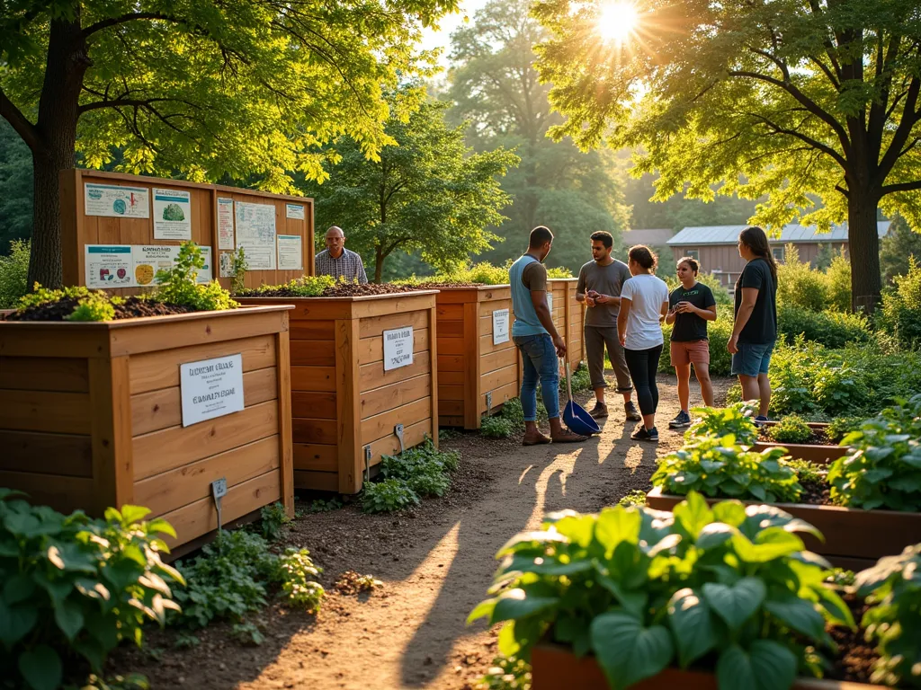 Community Composting Education Garden - A serene wide-angle view of a well-organized community garden at golden hour, featuring a beautifully designed educational composting station with multiple wooden compartments labeled for different stages of composting. Natural cedar bins with educational signage are surrounded by lush vegetable gardens benefiting from the compost. In the foreground, a small group of diverse gardeners gather around a master gardener demonstrating proper layering techniques with brown and green materials. Warm sunlight filters through nearby maple trees, casting dappled shadows on the scene. The composting area includes neat rows of turning tools, temperature gauges, and illustrated charts showing the composting process. Wheelbarrows filled with fresh compost lead to thriving raised garden beds in the background.