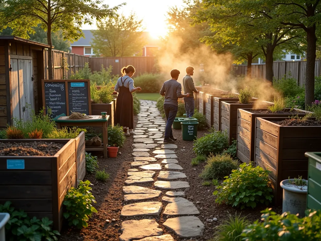 Community Garden Composting Workshop - Wide-angle view of a well-organized community garden composting area at golden hour, showing dedicated gardeners participating in a workshop. Multiple rustic wooden composting bins with educational signs are arranged along a natural stone path. In the foreground, gardeners are sorting green waste into different categories, while others are demonstrating how to layer compost materials. A vintage chalkboard displays composting instructions, and finished compost is being used in nearby raised garden beds. The scene includes several wheelbarrows filled with fresh garden clippings and fallen leaves. The warm evening light casts long shadows across the sustainable garden space, highlighting steam rising from active compost piles. Recycled garden tools and repurposed containers are artfully arranged around the area. Photorealistic, high detail, warm natural lighting.