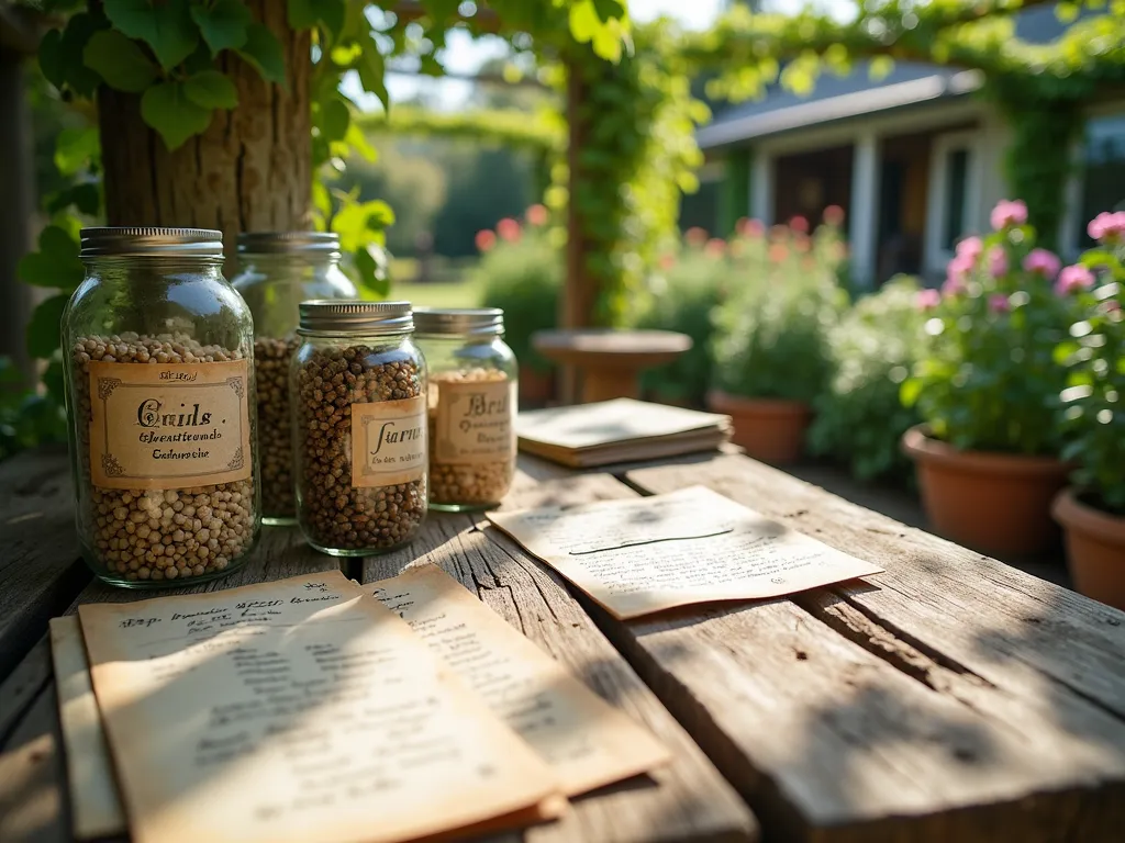 Community Seed Library Workshop - Close-up view of a rustic wooden table on a sunlit garden patio, featuring vintage mason jars filled with heirloom seeds. A detailed seed catalog and handwritten labels spread across the weathered surface. Morning light streams through climbing jasmine on a nearby pergola, creating dappled shadows. Garden enthusiasts gather around, examining seed packets while an experienced gardener demonstrates seed saving techniques. Various collected seed pods and dried flowers arranged artistically in vintage botanical collecting boxes. The background shows a thriving demonstration garden with clearly labeled plant varieties.