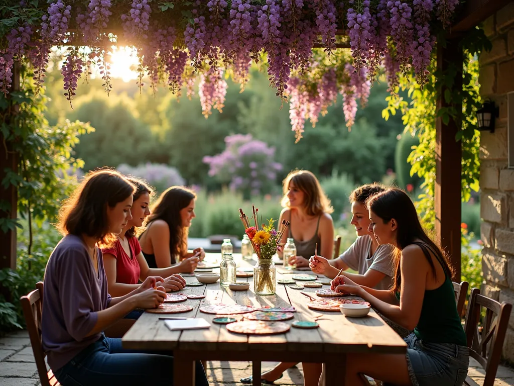 Garden Art Workshop in Sunlit Backyard Patio - A cozy backyard patio scene during golden hour, where a small group of garden enthusiasts gather around a rustic wooden table under a pergola draped with flowering wisteria. The table is covered with art supplies and in-progress mosaic stepping stones in vibrant colors. Some participants are working on pressed flower art while others create decorative copper plant markers. Natural light filters through the wisteria, casting dappled shadows on the crafting space. In the background, a beautiful cottage garden with blooming flowers provides inspiration. The scene is captured from a three-quarter angle, showing both the creative workspace and the surrounding garden landscape. Vintage mason jars filled with paintbrushes and garden tools add authentic charm to the setting.