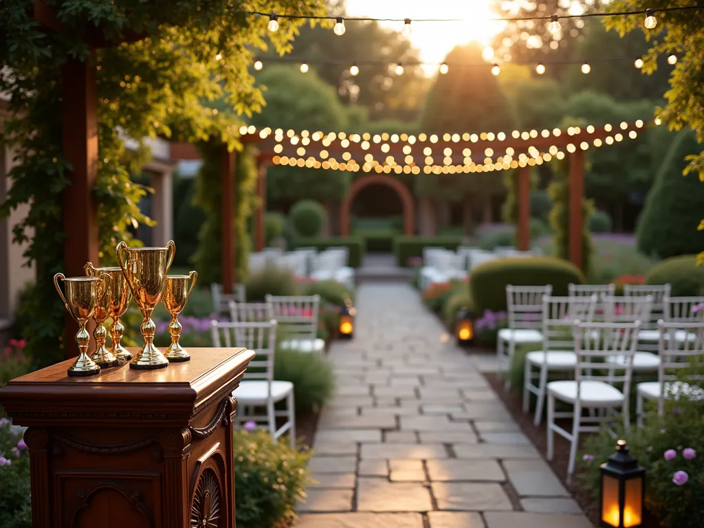 Garden Club Awards Ceremony at Sunset - A breathtaking twilight ceremony in an award-winning garden, captured with a 16-35mm lens at f/2.8, ISO 400. The scene shows an elegant outdoor celebration space with string lights gracefully draped between pergola posts. In the foreground, a beautifully carved wooden podium displays golden garden trophies, while rows of white garden chairs face the stage. The background showcases the winning garden, featuring meticulously maintained flower beds with blooming roses, hydrangeas, and lavender. A stone pathway winds through the garden, lined with glowing lanterns. Soft golden hour light filters through the trees, creating a magical atmosphere. Professional-quality photography with dramatic lighting and shallow depth of field.