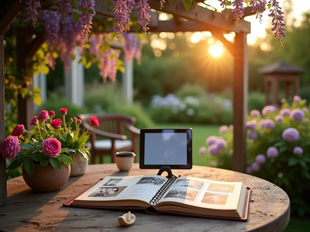 Digital Garden Club Archives Display - A cozy garden patio setting at golden hour, featuring a rustic wooden pergola with climbing wisteria. In the foreground, a vintage-style wooden table displays an open leather-bound photo album containing historical garden photographs. A modern tablet stands nearby showing a digital archive interface. Surrounding the scene are lush cottage garden plantings with blooming roses and hydrangeas. Warm evening light filters through the pergola slats, creating gentle shadows across carefully arranged memorabilia including garden club ribbons, pressed flowers in frames, and handwritten garden journals. Shot at f/2.8 with selective focus on the photo album, creating a dreamy bokeh effect with the garden background.