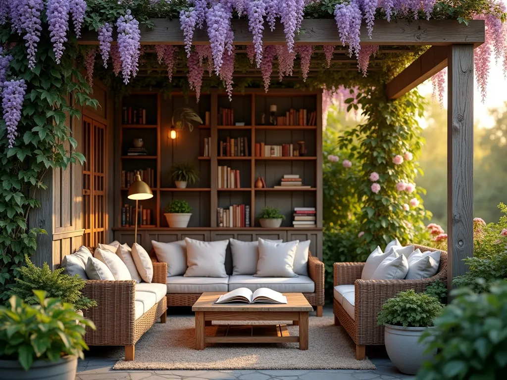 Cozy Garden Club Library Nook - A charming outdoor library nook in a lush garden setting at golden hour. A weathered wooden pergola draped with flowering wisteria creates a natural ceiling, while comfortable rattan furniture and plush cushions form an intimate reading area. Rustic wooden bookshelves line the interior walls of the pergola, filled with gardening books and magazines. A vintage brass reading lamp casts warm light over an open gardening book on a weathered teak coffee table. Climbing roses and jasmine frame the scene, while potted herbs and ferns add layers of greenery. Shot at f/2.8 with soft bokeh effect, capturing the warm evening light filtering through the wisteria blooms, creating a dreamy, intellectual garden sanctuary.