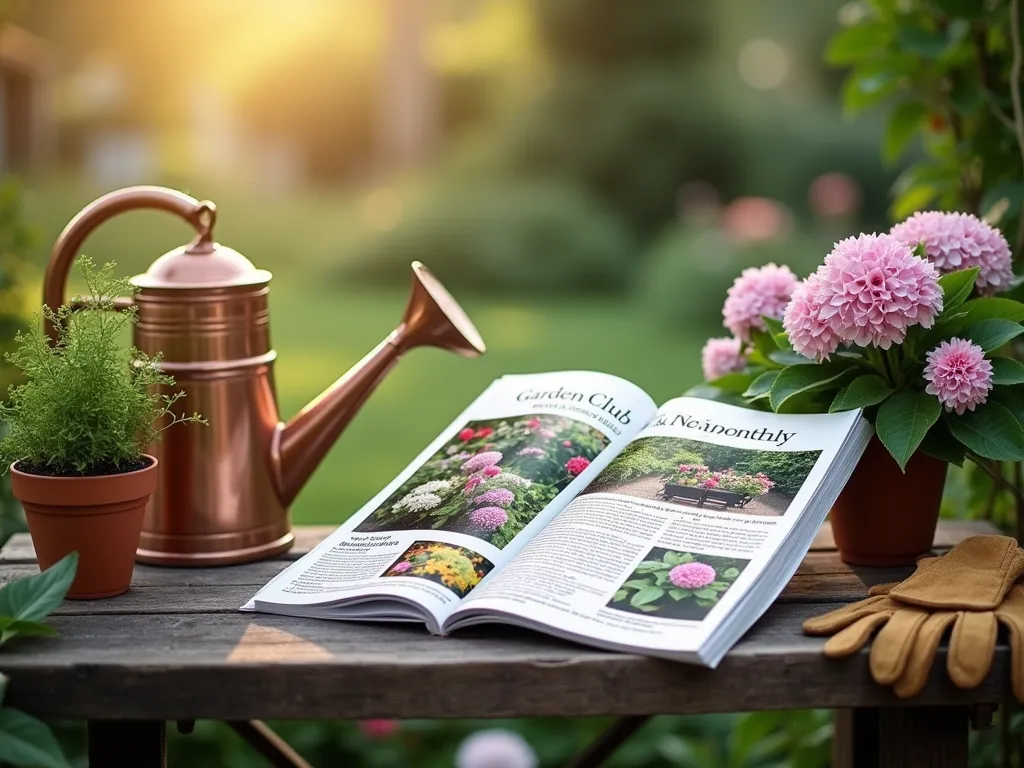 Garden Club Newsletter Mockup in a Morning Garden - A professional, magazine-style garden club newsletter mockup photographed in a serene morning garden setting. The newsletter is artfully placed on a rustic wooden garden table, surrounded by blooming hydrangeas and climbing roses. Soft morning sunlight filters through nearby trees, creating dappled light effects on the pages. The newsletter's cover features vibrant photographs of seasonal flowers and member gardens, with clear typography showing 'Garden Club Monthly' as the title. A vintage copper watering can, terracotta pots with fresh herbs, and a pair of well-worn gardening gloves add authenticity to the scene. Shot at eye level with a shallow depth of field, focusing on the newsletter while keeping the garden backdrop softly blurred. The morning dew on surrounding plants adds a magical touch to the composition.