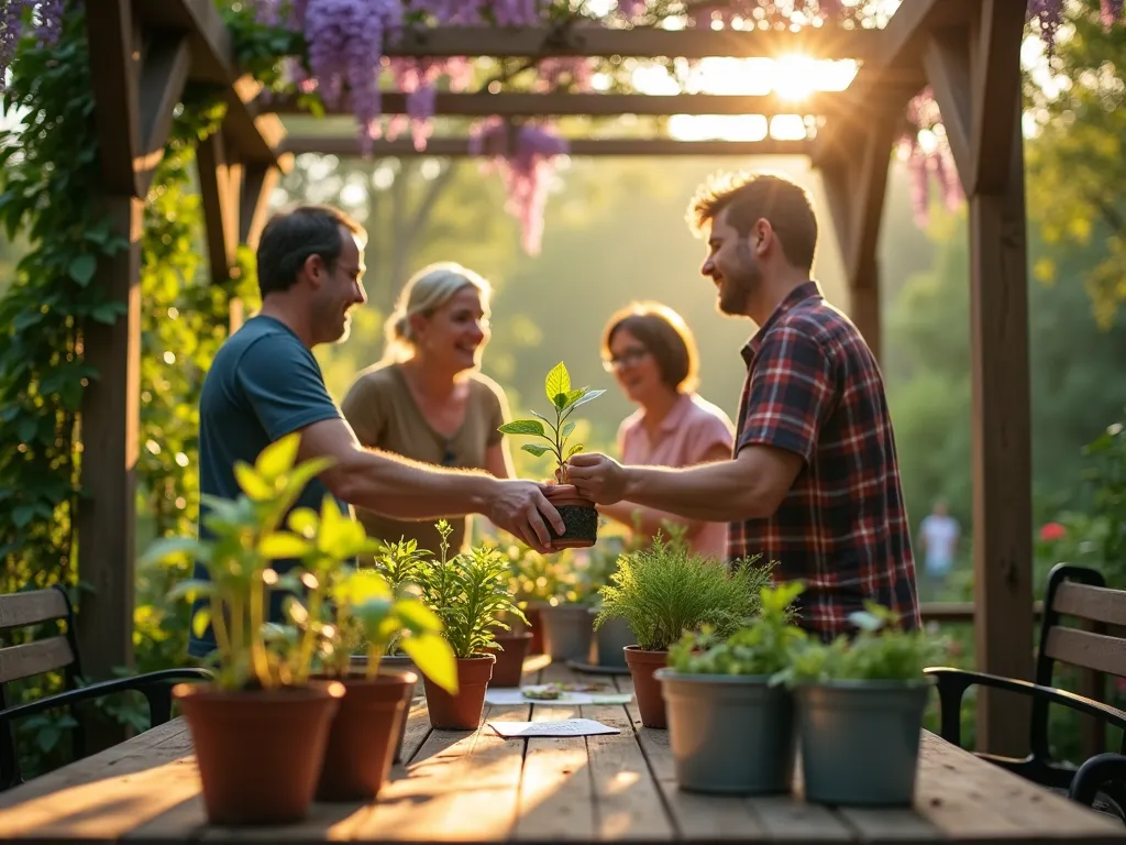 Garden Club Plant Exchange - A late afternoon garden scene capturing an intimate plant exchange gathering on a spacious cedar deck. Dappled golden sunlight filters through overhead pergola draped with flowering wisteria. Members are gathered around rustic wooden tables displaying diverse potted plants, seedlings, and cuttings. Close-up focus on hands exchanging a variegated monstera cutting, with blurred background showing enthusiastic gardeners sharing knowledge. Various propagation stations feature healthy cuttings in clear glass vessels, while divided hostas and echinaceas wait in recycled containers. Soft bokeh effect highlights the community atmosphere, with vintage botanical charts and plant identification cards adding educational context. Professional DSLR shot with natural lighting emphasizing the warm, collaborative environment.