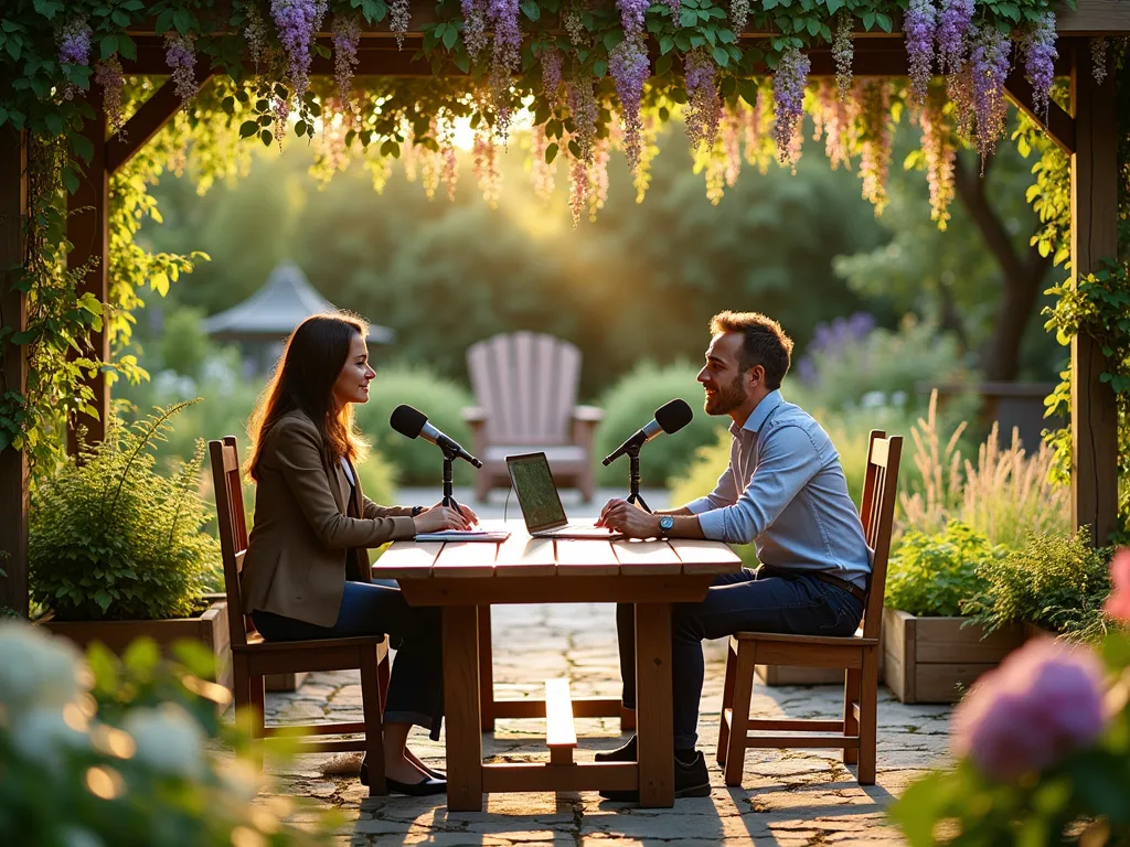 Garden Club Podcast Recording in Scenic Garden Setting - A warm, late afternoon scene in a lush garden setting where two people are recording a podcast at a rustic wooden table on a charming stone patio. The table features professional microphones, headphones, and a laptop, surrounded by blooming hydrangeas, roses, and ornamental grasses. Soft golden sunlight filters through a pergola covered in climbing wisteria, creating a dappled light effect. In the background, raised garden beds showcase seasonal vegetables and herbs, while comfortable garden chairs invite conversation. The scene is captured from a three-quarter angle, showing both the intimate podcast setup and the beautiful garden backdrop, with shallow depth of field highlighting the recording equipment while maintaining the garden's ambiance. Professional photography with natural lighting, shot with a DSLR camera, wide-angle lens, f/8 aperture, ISO 100, 1/125 shutter speed.