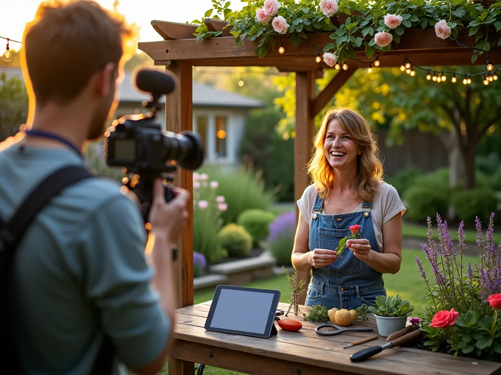 Garden Club Content Creation Workshop - A golden hour photography session in a meticulously landscaped backyard garden, where a passionate gardener is demonstrating proper rose pruning techniques to a professional camera setup. The scene features a wooden pergola covered in climbing roses as a backdrop, with a thoughtfully arranged filming area including soft natural lighting, a professional microphone, and a tablet displaying viewer comments. The garden includes layered perennial beds with blooming lavender, hydrangeas, and ornamental grasses. A vintage potting bench with arranged tools serves as a teaching station, while string lights draped overhead create ambient lighting. The composition captures both the technical aspects of content creation and the natural beauty of the garden setting, shot with shallow depth of field to highlight the main subject while maintaining context of the lush surroundings.