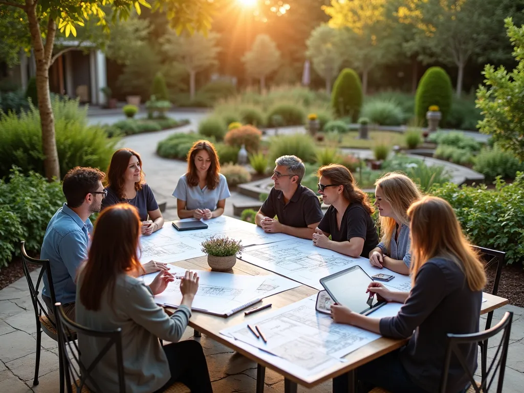 Garden Design Review Meeting - A late afternoon garden scene with golden sunlight filtering through trees, showing a diverse group of garden enthusiasts gathered around a large outdoor table on a stone patio. The table displays detailed garden design blueprints, plant catalogs, and material samples. Surrounding the space are meticulously planned garden beds showcasing different design styles - from formal English gardens to modern minimalist arrangements. In the background, a partially completed garden project demonstrates before-and-after transformation. Shot from a 3/4 elevated angle to capture both the collaborative atmosphere and the garden context, with soft bokeh effect on peripheral garden elements. Professional architectural drawing tools and tablet devices with 3D garden visualization software visible on table.