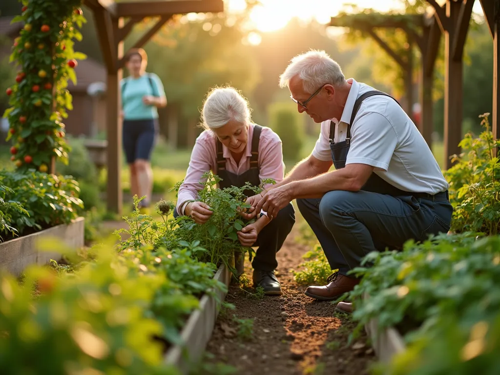 Garden Mentorship Connection - A heartwarming late afternoon scene in a lush community garden, captured in golden hour lighting. An experienced elderly gardener in casual gardening attire kneels beside a young enthusiast, both examining a thriving tomato plant. The mentor gently demonstrates proper pruning techniques while surrounded by neat rows of vegetables and flowering plants. Sunlight filters through nearby fruit trees, creating a warm, dappled effect. The background shows raised garden beds filled with seasonal vegetables, herbs, and flowers. A rustic wooden pergola covered in climbing roses frames the scene, while other club members work in small groups throughout the garden. The image captures intimate teaching moments with soft bokeh effects highlighting the natural connection between generations. Photojournalistic style, shot at eye level with shallow depth of field.