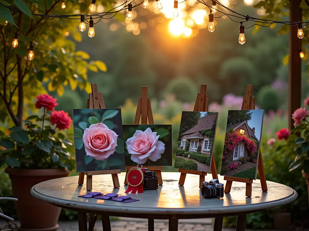 Garden Photography Contest Display - A stunning dusk scene of an elegant garden patio where multiple award-winning garden photographs are beautifully displayed on rustic wooden easels. The photographs showcase close-ups of dewy roses, wide-angle shots of cottage gardens, and wildlife captures of hummingbirds. Soft string lights illuminate the display area, while the background features a lush garden with blooming hydrangeas and climbing roses. A vintage-style garden table holds a professional camera and photography contest ribbons. Golden hour lighting creates a magical atmosphere with sun rays filtering through nearby Japanese maple leaves.