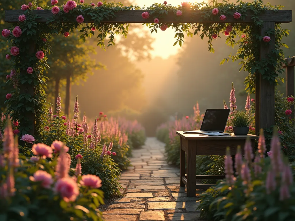 Garden Photography Workshop in Action - A serene early morning scene in a lavish backyard garden, where a small group of enthusiasts with professional cameras are positioned around a stunning focal point. The main subject is a macro shot setup of a dewy pink peony bloom, captured through a photographer's viewfinder. Golden hour sunlight streams through a pergola covered in climbing roses, creating magical bokeh effects. The garden features layers of colorful perennials, including delphiniums, foxgloves, and lavender. A wooden photography workstation is set up on a rustic patio, displaying a laptop with editing software and printed photography guides. The atmosphere is misty and ethereal, with subtle lens flare enhancing the educational garden setting. Photorealistic, professional photography workshop setting, 16-35mm lens perspective, f/2.8, ISO 400.