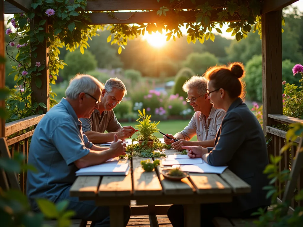 Garden Expert Panel Solving Plant Problems - Early evening garden scene capturing an intimate outdoor learning environment on a rustic wooden deck. A well-lit gathering shows experienced gardeners examining plant specimens under warm lighting. Master gardeners huddle around a weathered wooden table with magnifying glasses and reference books, diagnosing plant issues. Close-up details of hands pointing to leaf problems while others take notes. Soft golden hour lighting filters through overhead pergola draped with flowering vines. Background shows a lush garden with mixed perennials and specimen plants. Professional photography with shallow depth of field highlighting the interactive consultation between experts and garden enthusiasts.