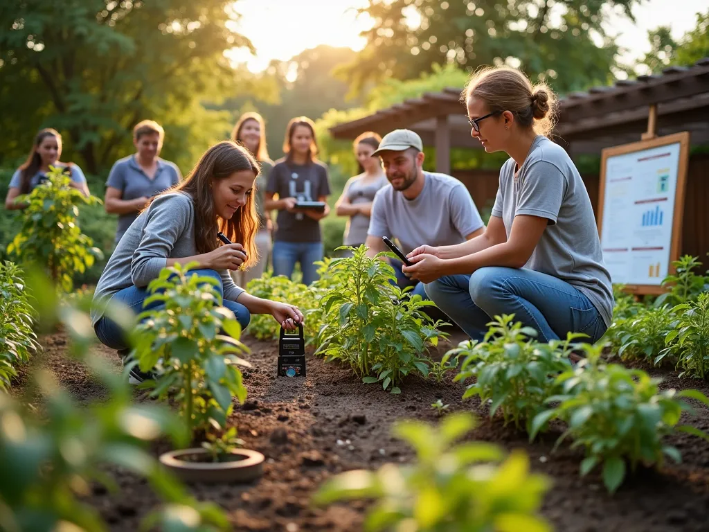 Community Garden Research Project - A late afternoon scene in a beautiful community garden setting, showing a diverse group of garden club members conducting scientific research. The main focus is on two enthusiasts taking detailed measurements of tomato plants growing in a controlled experiment setup with different soil types. In the background, others are documenting findings on tablets and taking soil samples. The garden features neat rows of experimental plots with clear labels and measuring equipment. Natural sunlight filters through the leaves, creating a warm, scientific yet organic atmosphere. Professional-grade monitoring equipment and magnifying glasses are visible, alongside traditional gardening tools. A whiteboard displays charts and growing data near a wooden pergola where members gather to discuss findings.