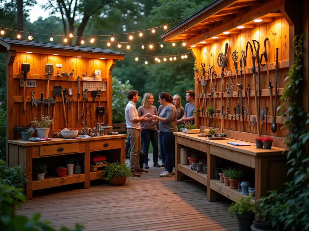 Community Garden Tool Library Workshop - A warm evening shot of a well-organized outdoor garden tool library station on a rustic wooden deck, illuminated by soft string lights. Features custom-built cedar tool storage racks displaying an array of pristine gardening tools including pruning shears, spades, and specialized equipment. A central wooden workbench shows a garden tool maintenance demonstration in progress, with a small group of diverse gardeners gathered around. The background reveals a lush garden with raised beds and climbing roses. Shot with dramatic depth of field highlighting the detailed organization system with labeled sections and checkout cards. Professional lighting emphasizes the metallic tools while maintaining the cozy community atmosphere.