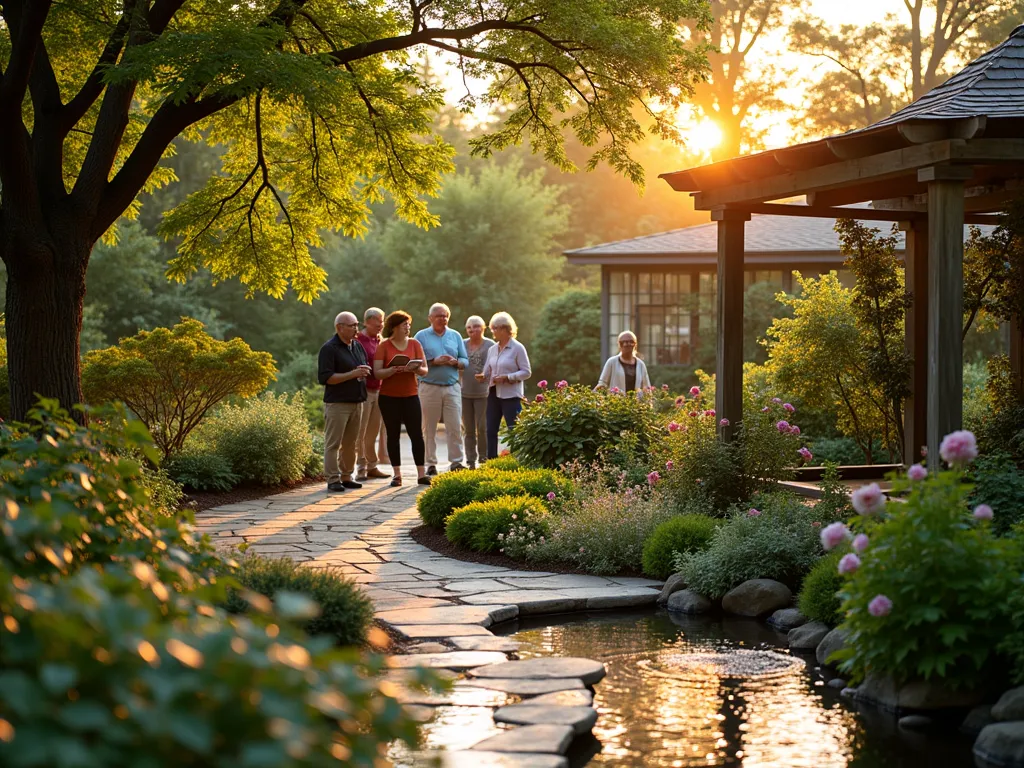 Enchanted Garden Tour Experience - A golden hour photograph of an elegant garden tour in progress, captured with a wide-angle lens showing a small group of enthusiastic gardeners exploring a meticulously landscaped backyard. The scene features a winding stone pathway leading through diverse garden rooms, with a stunning water feature in the foreground reflecting the warm evening light. Japanese maples cast dappled shadows, while climbing roses adorn a weathered wooden pergola. Garden club members are visible examining rare plant specimens, taking notes, and engaging in passionate discussion. Professional photography with shallow depth of field emphasizes the lush plantings and creates a dreamy atmosphere, shot at f/2.8 with golden sunlight filtering through the foliage.